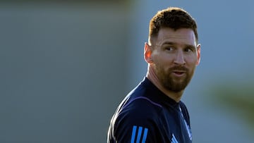 Argentina's forward Lionel Messi gestures during a training session in Ezeiza, Buenos Aires on November 14, 2023, ahead of the FIFA World Cup 2026 qualifier football match against Uruguay on November 16 in Buenos Aires. (Photo by JUAN MABROMATA / AFP)