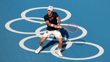 TOKYO, JAPAN - JULY 22:  Diego Schwartzman of Team Argentina plays a backhand during the practice session ahead of the Tokyo 2020 Olympic Games at Ariake Tennis Park on July 22, 2021 in Tokyo, Japan. (Photo by Clive Brunskill/Getty Images)