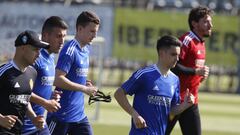 Bermejo, en primer plano, Zapater, Nieto y Cristian &Aacute;lvarez hacen carrera en el entrenamiento de esta tarde.