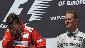 Alonso y Schumacher en el &uacute;ltimo podio del alem&aacute;n, Valencia 2012.