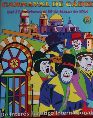 El cartel del Carnaval 2014, dedicado al coro ‘Los Caballeros del Antifaz’, reúne los símbolos más reconocibles de este histórico coro: el antifaz, el bastón y los papelillos y serpentinas popularizados en su mítico estribillo.