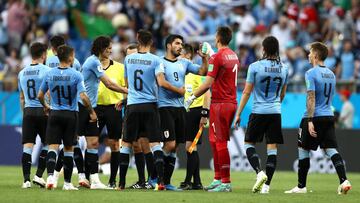 ROSTOV-ON-DON, RUSSIA - JUNE 20: Luis Suarez of Uruguay celebrates victory with team mates during the 2018 FIFA World Cup Russia group A match between Uruguay and Saudi Arabia at Rostov Arena on June 20, 2018 in Rostov-on-Don, Russia. (Photo by Ryan Pie