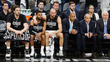 SAN ANTONIO, TX - MAY 22: Manu Ginobili #20 (R) reacts on the bench with Patty Mills #8 and Pau Gasol #16 of the San Antonio Spurs in the second half against the Golden State Warriors during Game Four of the 2017 NBA Western Conference Finals at AT&amp;T Center on May 22, 2017 in San Antonio, Texas. NOTE TO USER: User expressly acknowledges and agrees that, by downloading and or using this photograph, User is consenting to the terms and conditions of the Getty Images License Agreement.   Ronald Cortes/Getty Images/AFP
 == FOR NEWSPAPERS, INTERNET, TELCOS &amp; TELEVISION USE ONLY ==