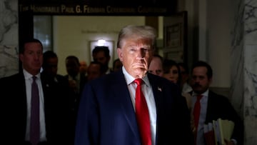 Former U.S. President Donald Trump looks on during a break at a Manhattan courthouse as he attends trial in a civil fraud case brought by state Attorney General Letitia James against him, his adult sons, the Trump Organization and others in New York City, U.S., October 4, 2023. REUTERS/Mike Segar     TPX IMAGES OF THE DAY