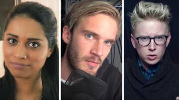 Tres de los youtubers con más ingresos en el último año según Forbes: Superwoman, PewDiePie y Tyler Oakley.