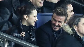 David Beckham y Bella Hadid en el palco del estadio del Parque de los Pr&iacute;ncipes durante el partido de octavos de final de la Champions League 2017/2018 entre el PSG y el Real Madrid. 
 
 - People lors du huiti&egrave;me de finale retour de Ligue des Champion, du Paris Saint-Germain contre le Real Madrid au Parc des Princes &agrave; Paris le 6 mars 2018. Le Real &agrave; remport&eacute; le match sur le score de 2 buts &agrave; 1.  People in the eighth-final return of the Champions League, Paris Saint-Germain against Real Madrid at the Parc des Princes in Paris on March 6, 2018.