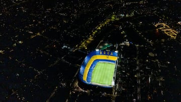 BUENOS AIRES, ARGENTINA - NOVEMBER 26: Aerial view of La Bombonera Stadium as it remains with the lights on as a tribute to Diego Maradona the former football star who died today, at Alberto J. Armando Stadium on November 26, 2020 in Buenos Aires, Argentina. Teams in Argentina turned on the lights of their stadiums simultaneously at 10pm as a tribute to the former player. Diego Maradona, considered one of the biggest football stars in history, died at 60 from a heart attack on Wednesday in Buenos Aires. (Photo by Tomas Cuesta/Getty Images)