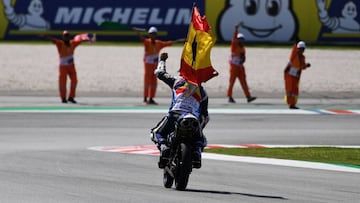 Spanish rider Jorge Martin celebrates after winning the Moto3 race of the Malaysia MotoGP at the Sepang International Circuit in Sepang on November 4, 2018. (Photo by Mohd RASFAN / AFP)