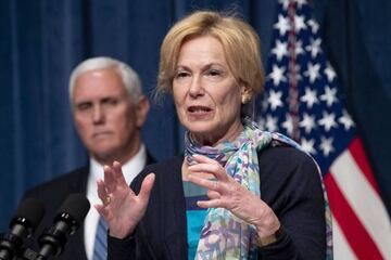 Coronavirus Task Force Coordinator Deborah Birx speaks in front of US Vice President Mike Pence (Back) during a White House Coronavirus Task Force news briefing.