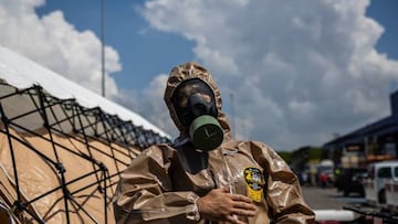 An Ukrainian Emergency Ministry rescuer attends an exercise in the city of Zaporizhzhia on August 17, 2022, in case of a possible nuclear incident at the Zaporizhzhia nuclear power plant located near the city. - Ukraine remains deeply scarred by the 1986 Chernobyl nuclear catastrophe, when a Soviet-era reactor exploded and streamed radiation into the atmosphere in the country's north. The Zaporizhzhia nuclear power plant in southern Ukraine was occupied in the early days of the war and it has remained in Russian hands ever since. (Photo by Dimitar DILKOFF / AFP) (Photo by DIMITAR DILKOFF/AFP via Getty Images)