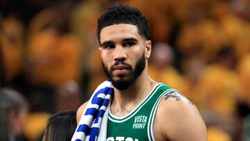 INDIANAPOLIS, INDIANA - MAY 25: Jayson Tatum #0 of the Boston Celtics looks on after defeating the Indiana Pacers in Game Three of the Eastern Conference Finals at Gainbridge Fieldhouse on May 25, 2024 in Indianapolis, Indiana. NOTE TO USER: User expressly acknowledges and agrees that, by downloading and or using this photograph, User is consenting to the terms and conditions of the Getty Images License Agreement. Justin Casterline/Getty Images/AFP (Photo by Justin Casterline / GETTY IMAGES NORTH AMERICA / Getty Images via AFP)