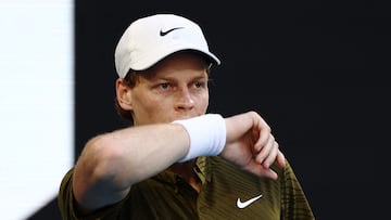 Tennis - Australian Open - Melbourne Park, Melbourne, Australia - January 26, 2026 Italy's Jannik Sinner reacts during his fourth round match against Italy's Luciano Darderi REUTERS/Tingshu Wang