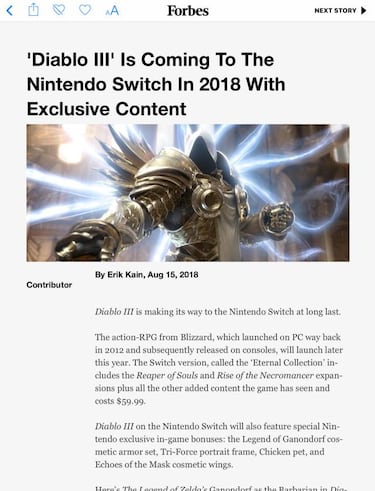 Diablo III llegará a Nintendo Switch con contenido exclusivo