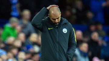 Pep Guardiola reacts during the English Premier League soccer match between Everton FC and Manchester City at Goodison Park in Liverpool, Britain, 15 January 2017. Everton won 4-0.