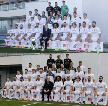 En la parte superior la foto oficial del Real Madrid con Benítez realizada el 21 de septiembre de 2015 y en la parte inferior, la foto oficial con Zidane.