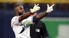 ST PETERSBURG, FLORIDA - OCTOBER 03: Randy Arozarena #56 of the Tampa Bay Rays reacts after hitting a double in the third inning against the Texas Rangers during Game One of the Wild Card Series at Tropicana Field on October 03, 2023 in St Petersburg, Florida.   Megan Briggs/Getty Images/AFP (Photo by Megan Briggs / GETTY IMAGES NORTH AMERICA / Getty Images via AFP)