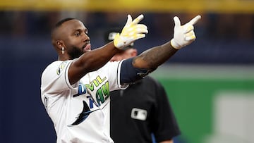 ST PETERSBURG, FLORIDA - OCTOBER 03: Randy Arozarena #56 of the Tampa Bay Rays reacts after hitting a double in the third inning against the Texas Rangers during Game One of the Wild Card Series at Tropicana Field on October 03, 2023 in St Petersburg, Florida. Megan Briggs/Getty Images/AFP (Photo by Megan Briggs / GETTY IMAGES NORTH AMERICA / Getty Images via AFP)