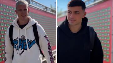 El vacile de Pedri a Dani Olmo en su llegada a la concentración