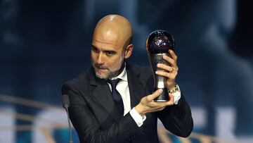 Soccer Football - The Best FIFA Football Awards - Eventim Apollo, London, Britain - January 15, 2024 Manchester City manager Pep Guardiola after winning the best men's coach of 2023 during the awards ceremony REUTERS/Andrew Boyers