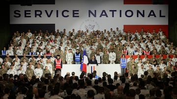 France's President Emmanuel Macron, unveils a new national military service as he speaks to the army at the military base in Varces, French Alps, November 27, 2025. Thomas Padilla/Pool via REUTERS