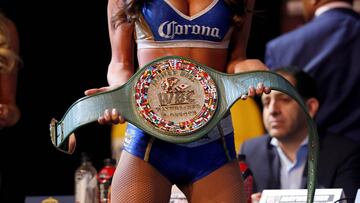 The WBC "Money Belt" is displayed during a news conference with undefeated boxer Floyd Mayweather Jr. of the U.S. and UFC lightweight champion Conor McGregor of Ireland in Las Vegas, Nevada U.S. on August 23, 2017. REUTERS/Las Vegas Sun/Steve Marcus