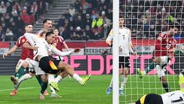 Budapest (Hungary), 19/11/2024.- Felix Nmecha (C-L) of Germany scores the opening goal during the UEFA Nations League Division A, Group 3 soccer match between Hungary and Germany in Budapest, Hungary, 19 November 2024. (Alemania, Hungría) EFE/EPA/Zsolt Szigetvary HUNGARY OUT