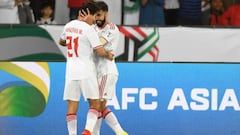 Emirati players celebrate their opening goal during the 2019 AFC Asian Cup group A football match between India and UAE at Zayed Sports City stadium in Abu Dhabi  on January 10, 2019. (Photo by Khaled DESOUKI / AFP)