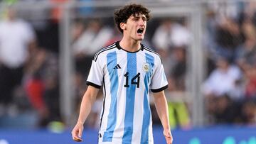 SAN JUAN, ARGENTINA - MAY 31: Mateo Tanlongo of Argentina reacts during FIFA U-20 World Cup Argentina 2023 Round of 16 match between Argentina and Nigeria at Estadio San Juan on May 31, 2023 in San Juan, Argentina. (Photo by Marcio Machado/Eurasia Sport Images/Getty Images)