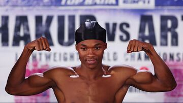 NEWARK, NEW JERSEY - JULY 05: Abdullah Mason poses on the scale during a weigh-in ahead of their Lightweight bout against Luis Lebron of Puerto Rico (not pictured) at Prudential Center on July 05, 2024 in Newark, New Jersey. Sarah Stier/Getty Images/AFP (Photo by Sarah Stier / GETTY IMAGES NORTH AMERICA / Getty Images via AFP)