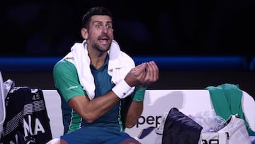 Tennis - ATP Finals - Pala Alpitour, Turin, Italy - November 14, 2023 Serbia's Novak Djokovic reacts during his group stage match against Italy's Jannik Sinner REUTERS/Guglielmo Mangiapane