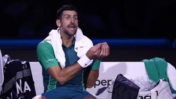 Tennis - ATP Finals - Pala Alpitour, Turin, Italy - November 14, 2023 Serbia's Novak Djokovic reacts during his group stage match against Italy's Jannik Sinner REUTERS/Guglielmo Mangiapane