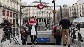 People wearing face covering at the entrance of Sol underground station at Puerta del Sol square, Madrid, as new restrictions to tackle the spread of coronavirus came into force in the capital of Spain on Friday including an 11pm curfew, prohibition of st