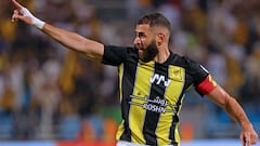 Ittihad's French forward #09 Karim Benzema reacts after scoring his team's first goal during the Saudi Pro League football match between Al-Ittihad and Al-Riyadh at the Prince Faisal Bin Fahd stadium in Riyadh on August 24, 2023. (Photo by Fayez NURELDINE / AFP)