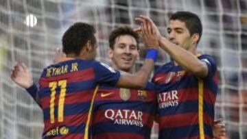 Neymar, Messi y Suárez celebran un gol en Liga esta temporada.