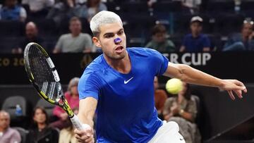 Sep 21, 2025; San Francisco, CA, USA; Team Europe player Carlos Alcaraz returns a shot from Team World player Francisco Cerundolo during the Laver Cup at Chase Center. Mandatory Credit: David Gonzales-Imagn Images