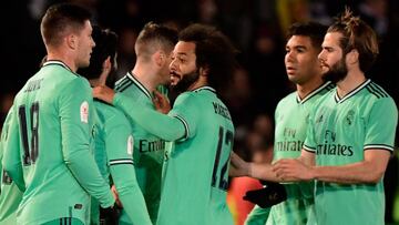 Real Madrid's players celebrate Spanish midfielder Brahim Diaz's goal during the Copa del Rey (King's Cup) football match between Unionistas de Salamanca CF and Real Madrid CF at Las Pistas del Helmantico stadium in Salamanca, on January 22