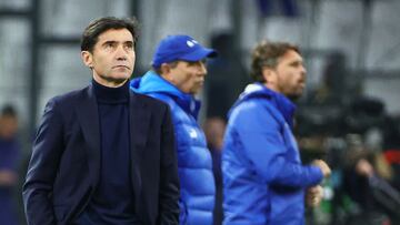 Villarreal's Spanish coach Marcelino Garcia Toral reacts  during the UEFA Europa League round of 16 first-leg football match between Olympique de Marseille and Villareal CF at the Velodrome Stadium in Marseille, souteastern France, on March 7, 2024. (Photo by CLEMENT MAHOUDEAU / AFP)