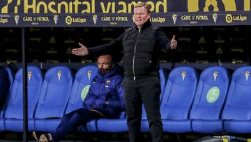 Barcelona's head coach Ronald Koeman gestures during the Spanish La Liga soccer match between Cadiz and FC Barcelona at the Ramon Carranza stadium in Cadiz, Spain, Saturday Dec. 5, 2020. (AP Photo/Alvaro Rivero)