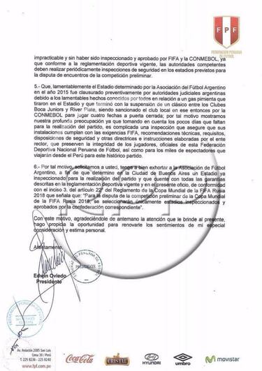 Perú rechaza que el partido
se juegue en la Bombonera