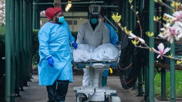 Médicos trasladando a un paciente fallecido por coronavirus vía Getty Images, 2020.
