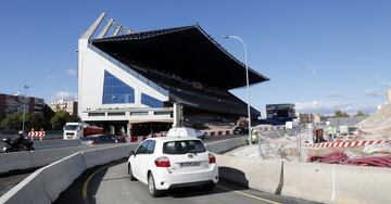 The half-demolished Vicente Calderón stadium pictured during the first week of November with the M-30 diverted past the main stand.