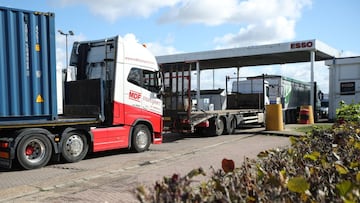 Lorries wait to refill at the Watling Street truck stop amid the fuel shortage in Flamstead, St Albans, Britain, September 29, 2021. REUTERS/Peter Cziborra