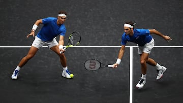 PRAGUE, CZECH REPUBLIC - SEPTEMBER 23: Roger Federer and Rafael Nadal of Team Europe in action during there doubles match against Jack Sock and Sam Querrey of Team World on Day 2 of the Laver Cup on September 23, 2017 in Prague, Czech Republic. The Laver Cup consists of six European players competing against their counterparts from the rest of the World. Europe will be captained by Bjorn Borg and John McEnroe will captain the Rest of the World team. The event runs from 22-24 September. (Photo by Clive Brunskill/Getty Images for Laver Cup)