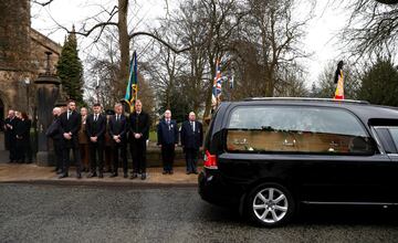 Stoke City's Jack Butland, Chesterfield's Joe Anyon, Leicester City's Kasper Schmeichel and Burnley's Joe Hart stand as the coffin of former England World Cup winning goalkeeper Gordon Banks leaves the church   