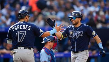 Jonathan Aranda #62 of the Tampa Bay Rays celebrates his grand slam with Isaac Paredes #17