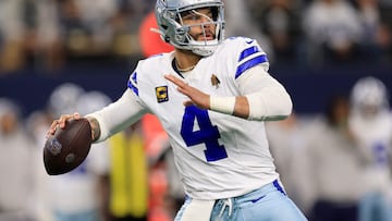 ARLINGTON, TEXAS - JANUARY 14: Dak Prescott #4 of the Dallas Cowboys drops back to pass during the first quarter of the NFC Wild Card Playoff game against the Green Bay Packers at AT&T Stadium on January 14, 2024 in Arlington, Texas.   Ron Jenkins/Getty Images/AFP (Photo by Ron Jenkins / GETTY IMAGES NORTH AMERICA / Getty Images via AFP)