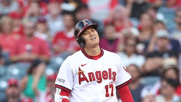 ANAHEIM, CALIFORNIA - JULY 22: Shohei Ohtani #17 of the Los Angeles Angels reacts after striking out during the first inning against the Pittsburgh Pirates at Angel Stadium of Anaheim on July 22, 2023 in Anaheim, California.   Michael Owens/Getty Images/AFP (Photo by Michael Owens / GETTY IMAGES NORTH AMERICA / Getty Images via AFP)