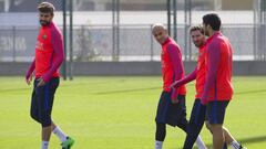 Piqué, Messi, Neymar y Luis Suárez, durante el entrenamiento del Barcelona.