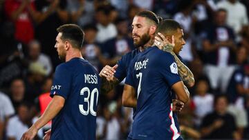 Messi, Ramos and Mbappé during the French league match between PSG and Montpellier.