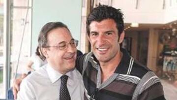 <b>CORDIALIDAD. </b>Florentino y Figo se dieron un abrazo al verse.